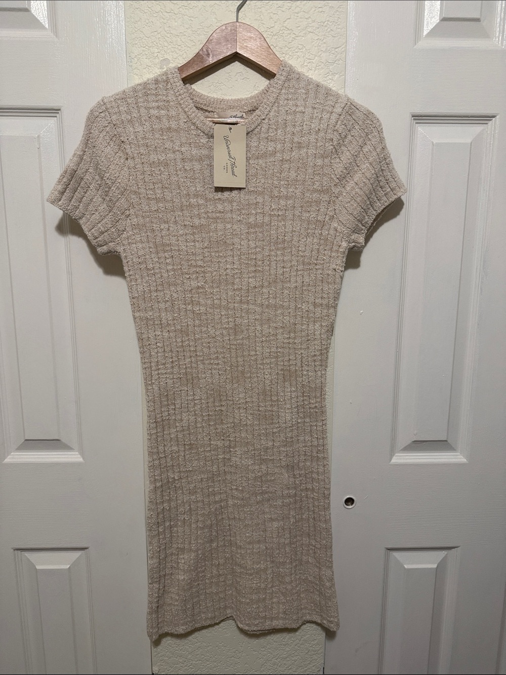 Universal Thread Short-Sleeve Ribbed Midi Sweater Dress in Light Beige